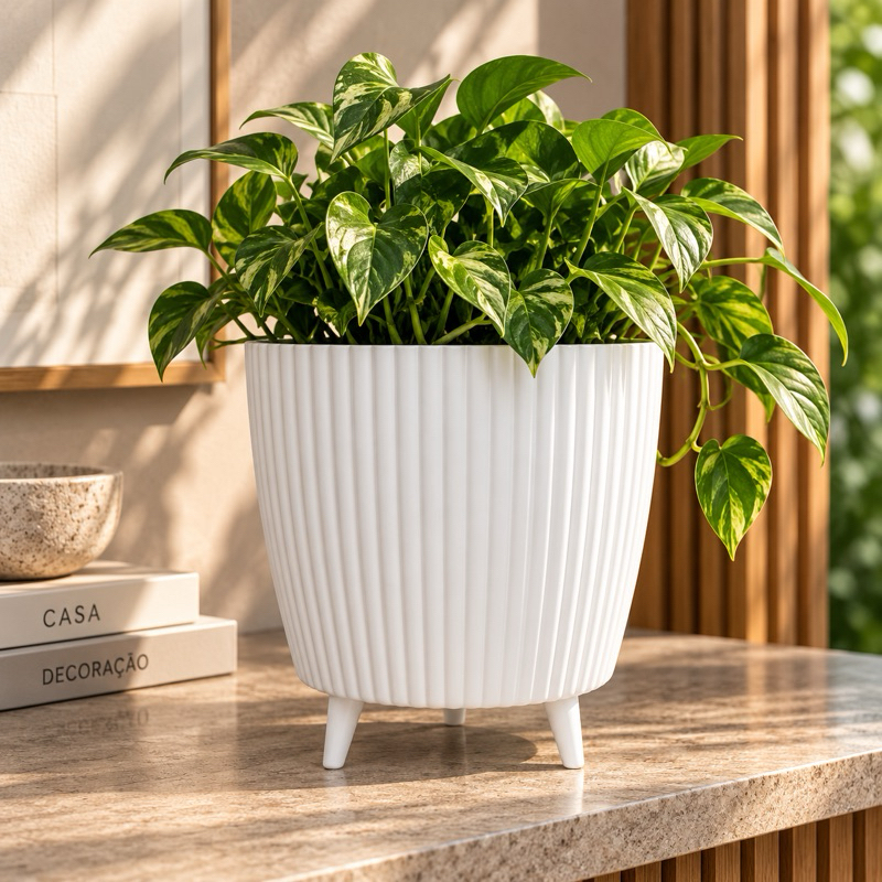 Vaso Cachepô Squash Nº 3 Canelado com Pés em Polietileno para Plantas Decoração Sala Jardim