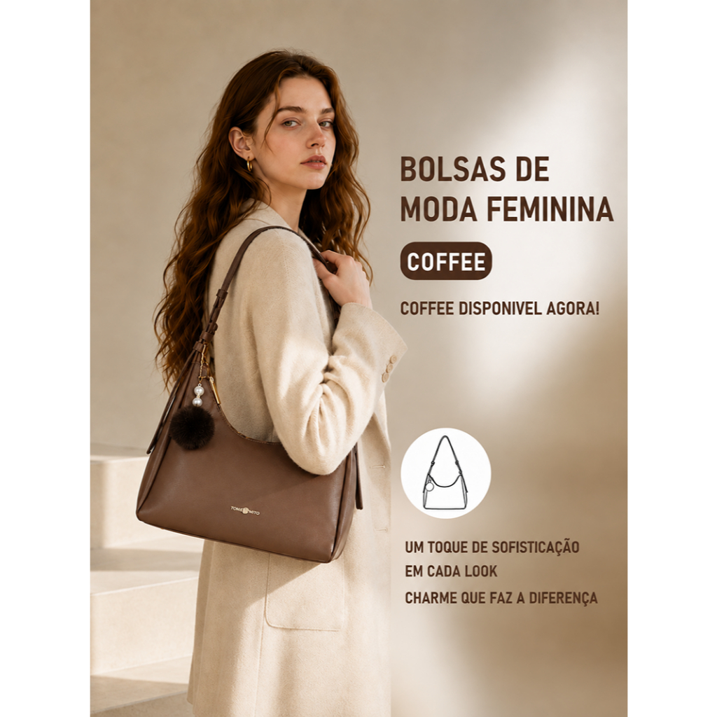 JAMI JAMI Bolsa Feminina de Ombro em Couro Sintético com Alça Ajustável, Zíper e Pingente Decorativo TM9236
