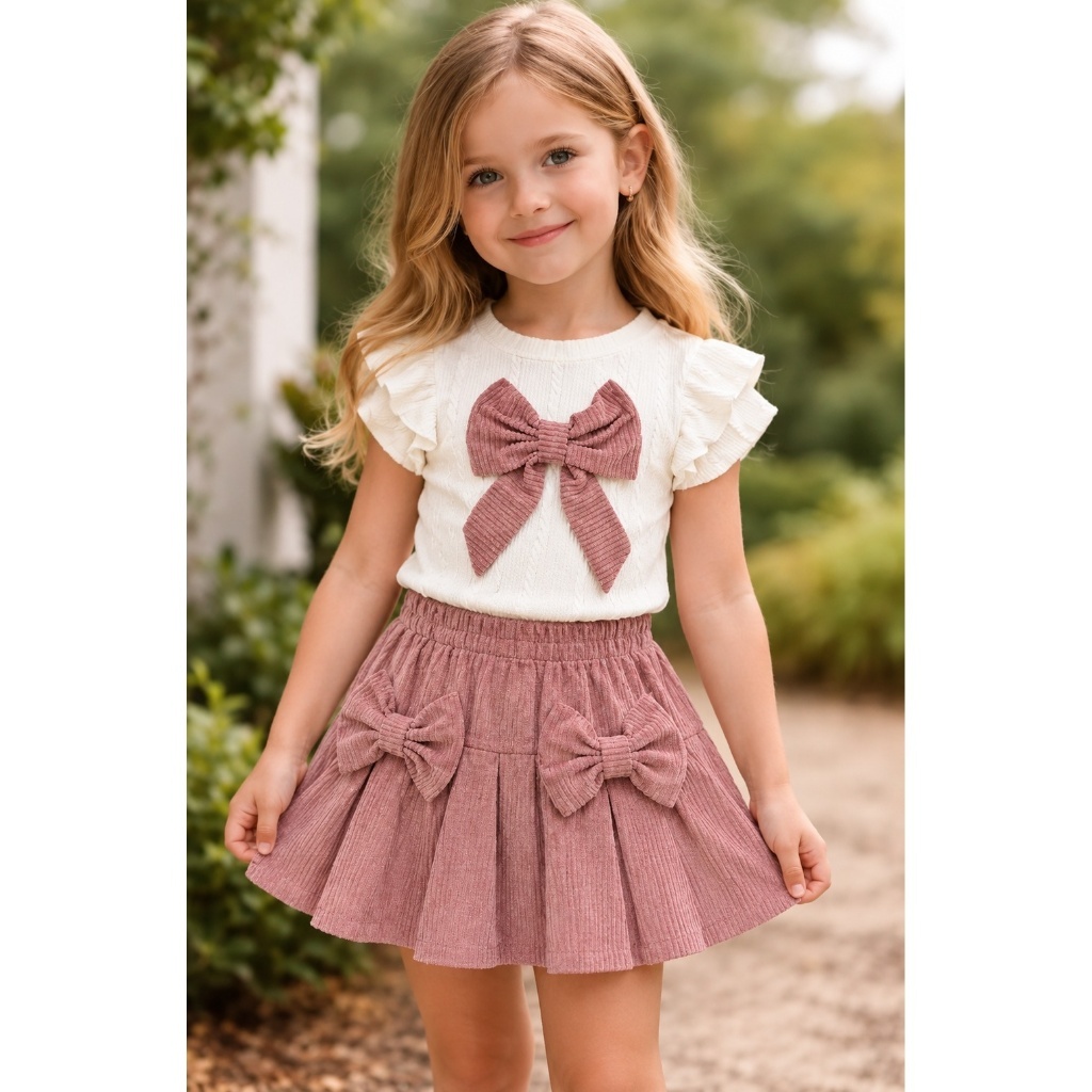 Conjunto Infantil Menina Manga Curta e Manga Longa Luxo Blusa + Saia Laços Veludo