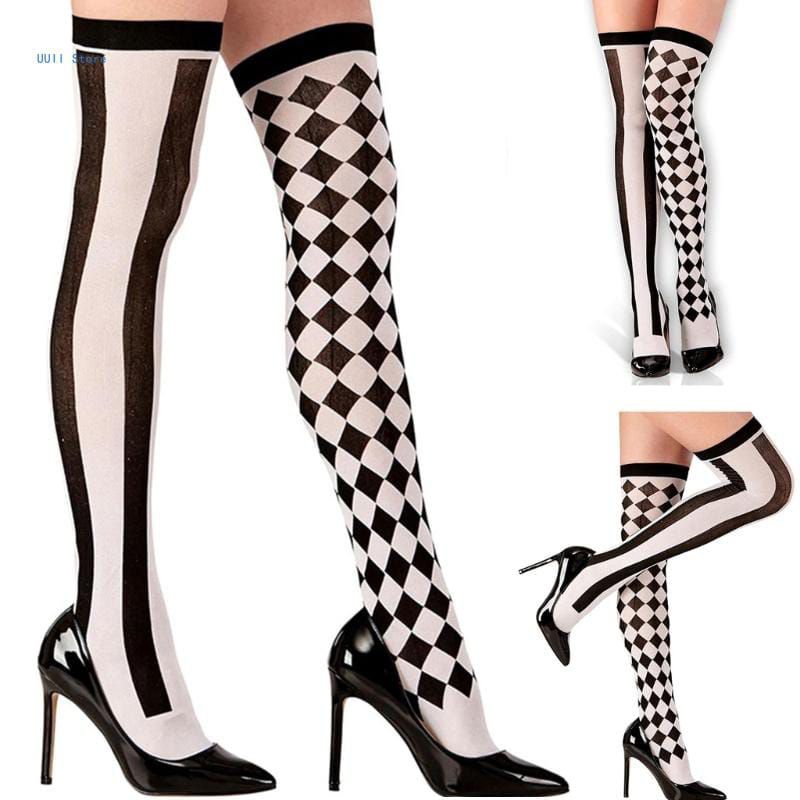 meia calça 7/8 xadrez e listra preta e branca tamanho único adulto e adolescentes para festa fantasia cosplay