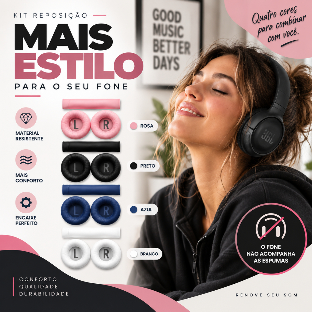 Arco de Reposição e Espumas Premium Compatível com Fone JBL Tune 510BT 520 520BT