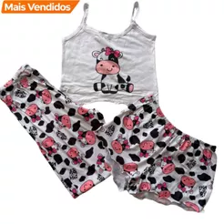 Pijama Feminino 3 Peças Ímpar Cropped de Alcinha + Calça Longa + Short Personagens