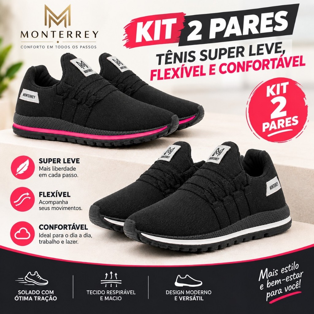 Kit 2 Tênis Esportivo Feminino Leve Confortável Academia Caminhada Casual Antiderrapante