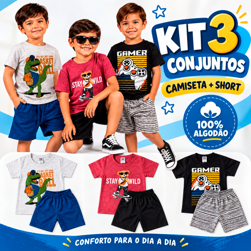 Kit 3 Conjuntos Infantil Masculino Meia Malha 100% Algodão Confortável Verão Menino Camiseta E Short Roupa