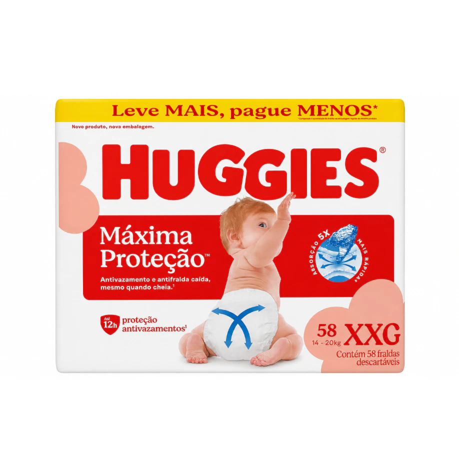 Fralda Huggies XXG 58 Unidades Máxima Proteção 12h Antivazamento Conforto