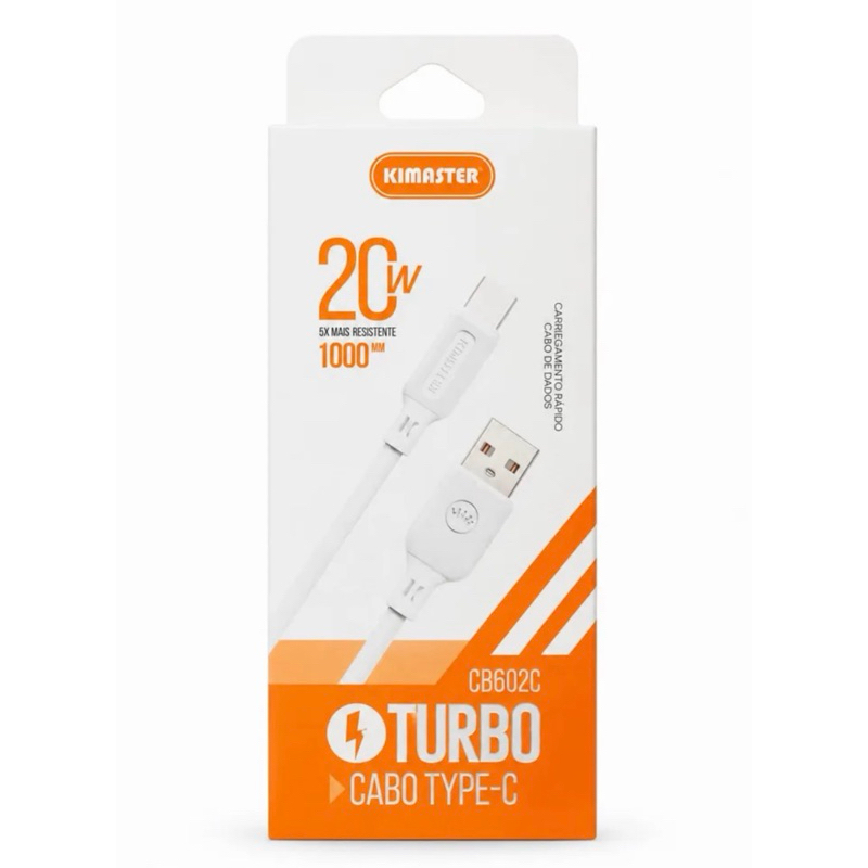 Cabo USB Tipo-C Kimaster CB602C Turbo 20W 1M Carregamento Rápido Dados Reforçado