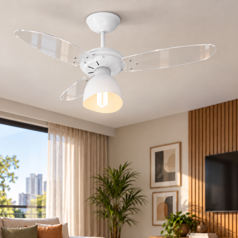 Ventilador de Teto 3 Pás Transparente Branco Ventilador Teto Venti-Delta Silencioso Ventilador Potente Moderno