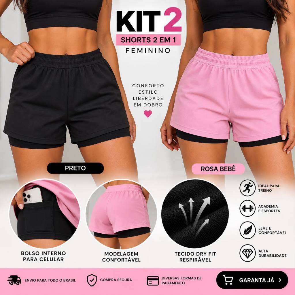 Kit 2 Shorts Duplo Femininos Esportivos Academia Crossfit Treino Caminhada