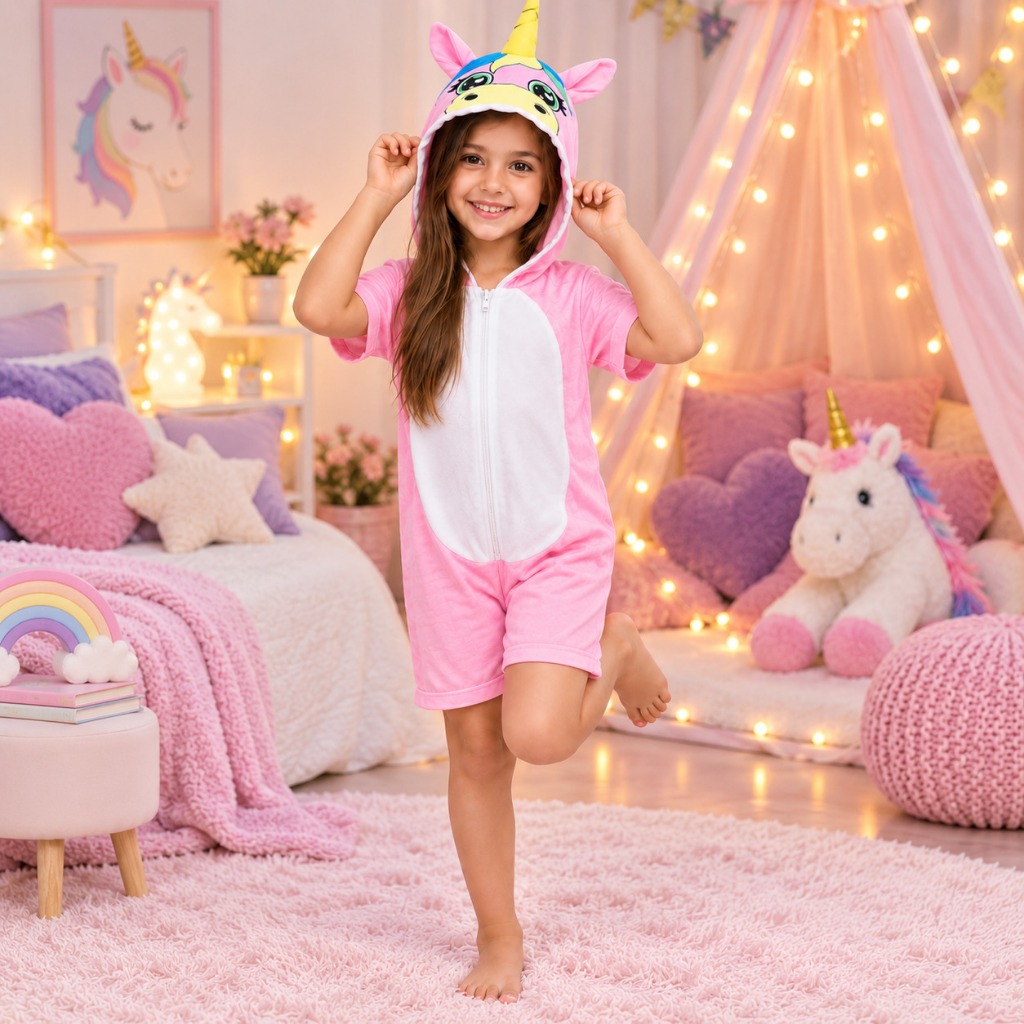 Fantasia Menina Unicórnio Macacão Curto Color Infantil Festa do Pijama Kigurumi Presente Aniversário