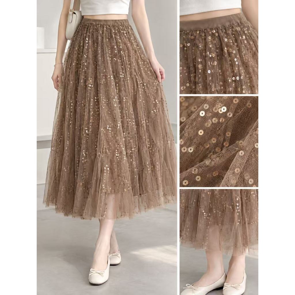 Saia midi feminina de tule com lantejoulas, perfeita para festas