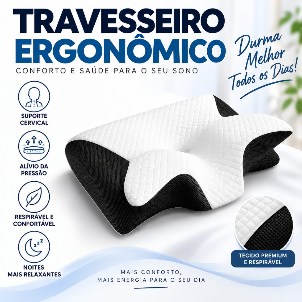 Travesseiro Cervical Ortopédico Viscoelástico Fronha Lavável Alívio Dores Coluna Cabeça Abranuvem PRO2.0