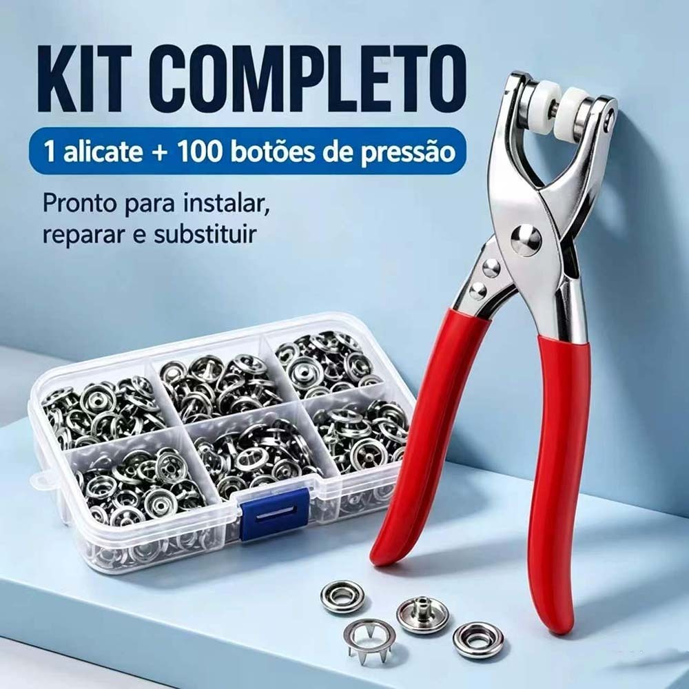 Kit Alicate Aplicador Com 100 Botões De Metal Pressão Para Costura Roupa