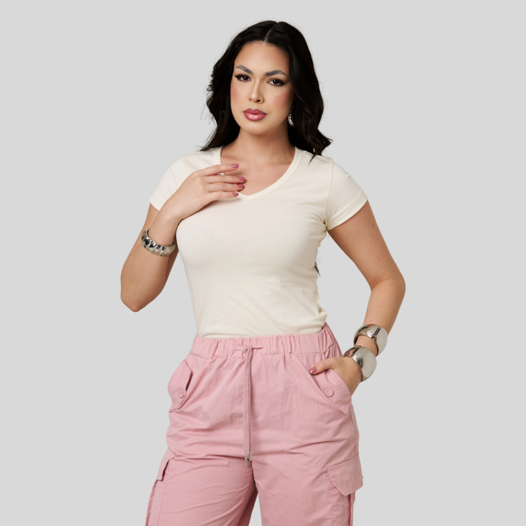 Blusa Baby Look Feminina Gola V Básica Adulto - Tecido Cotton - Confortável e Estilosa -  QUALIDADE