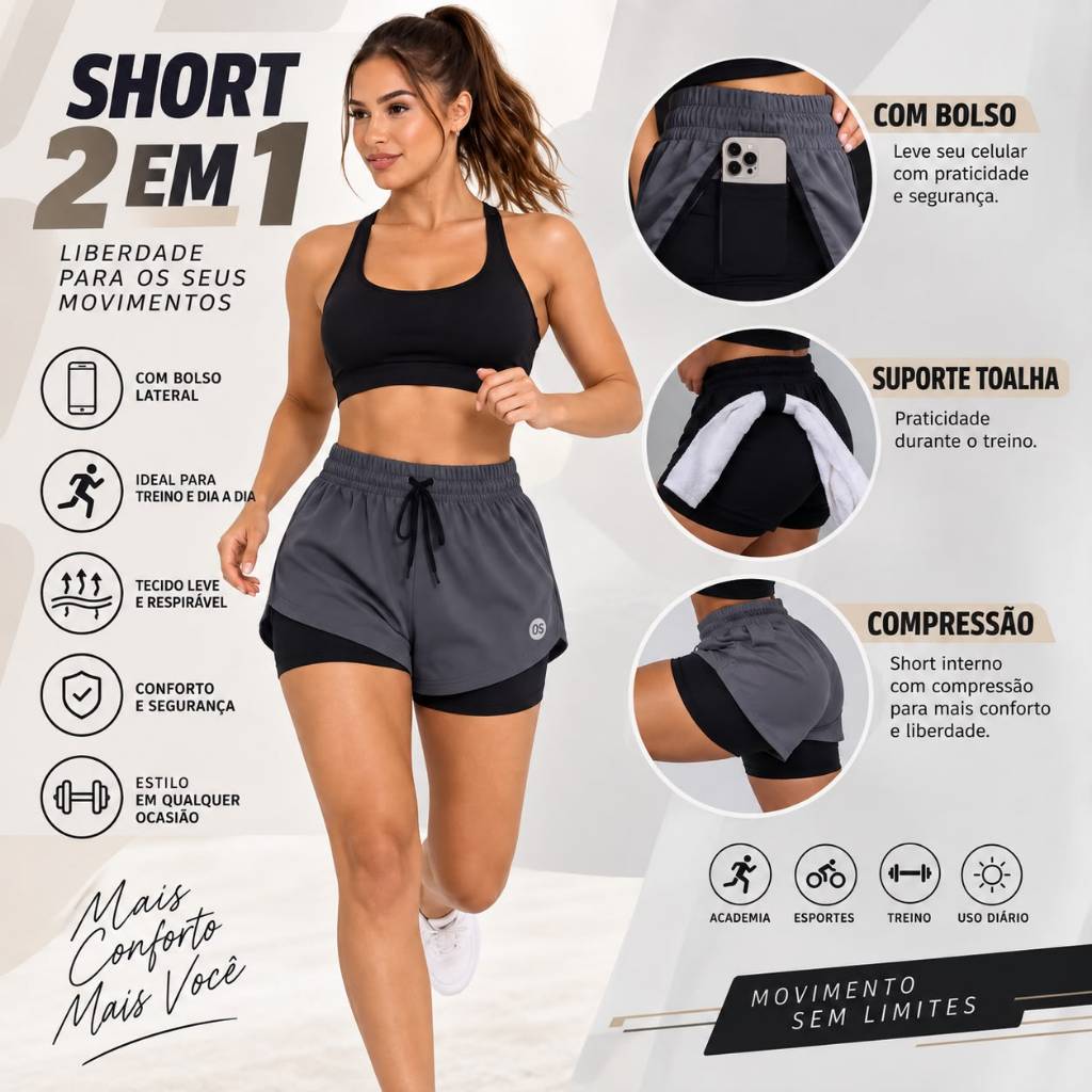 Short Fitness Duplo Feminino Dry Fit com Bolso Para Celular Caminhada Academia Corrida