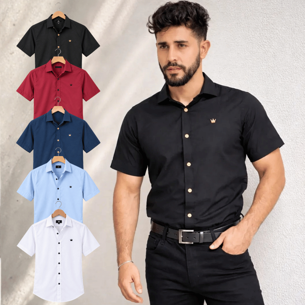 Camisa Masculina Manga Curta Botão Moda Casual e Social Slim Passa Fácil Fit Luxo