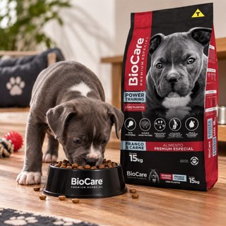 Ração BioCare Power Training 15kg Filhotes 30% Proteína Frango Carne Premium Especial Cães Crescimento Nutrição