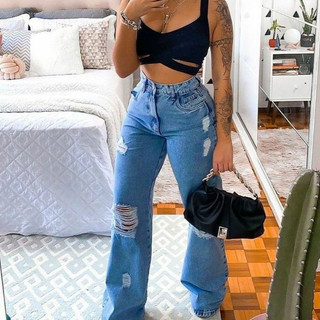 Calça Jeans Wide Leg Clara Rasgada Feminina Perna Larga Pantalona Cintura Alta