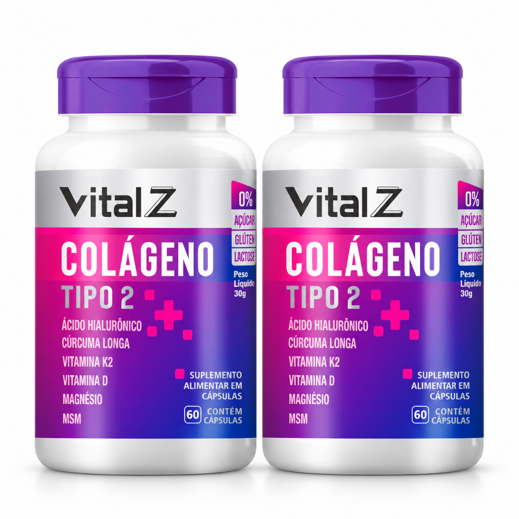 Kit 2x 3x 5x Colágeno Tipo 2 | Fórmula 7 em 1 | Ácido Hialurônico Vitamina D K2 Magnésio MSM Cúrcuma 60 Caps