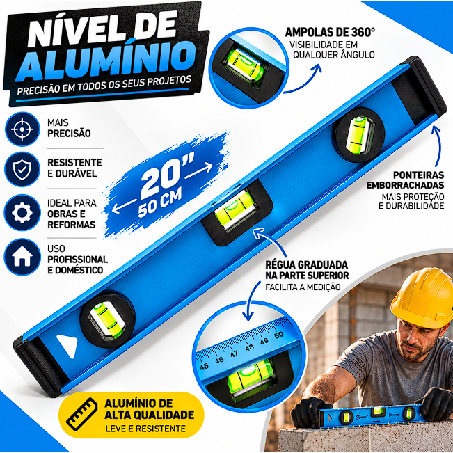 Nível Bramix 20 50cm Nível de Alumínio 3 Ampolas 360° Régua Graduada Para Construção Obras e Reformas