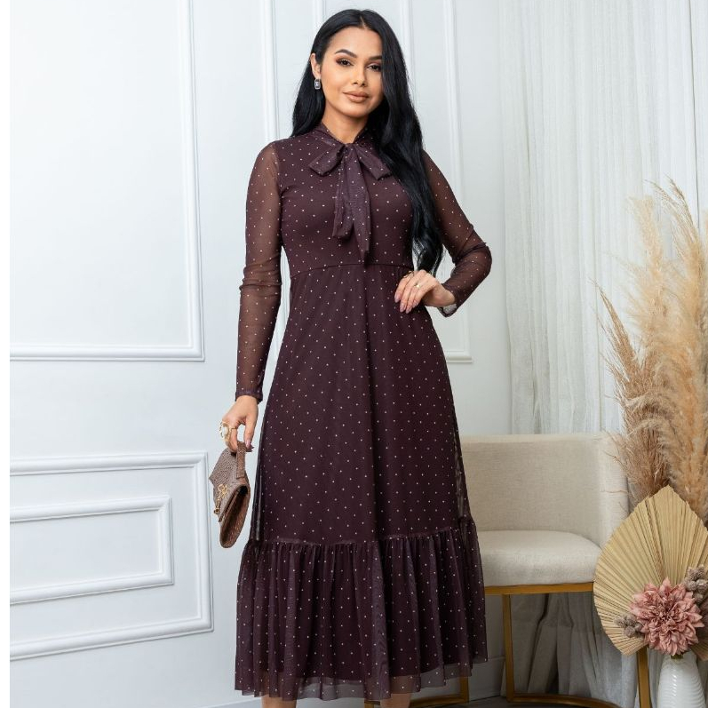 Vestido Bolinhas Godê Feminino Midi Tecido Tule Poá Moderno Romântico Elegante Sofisticado Clássico com Laço no Pescoço