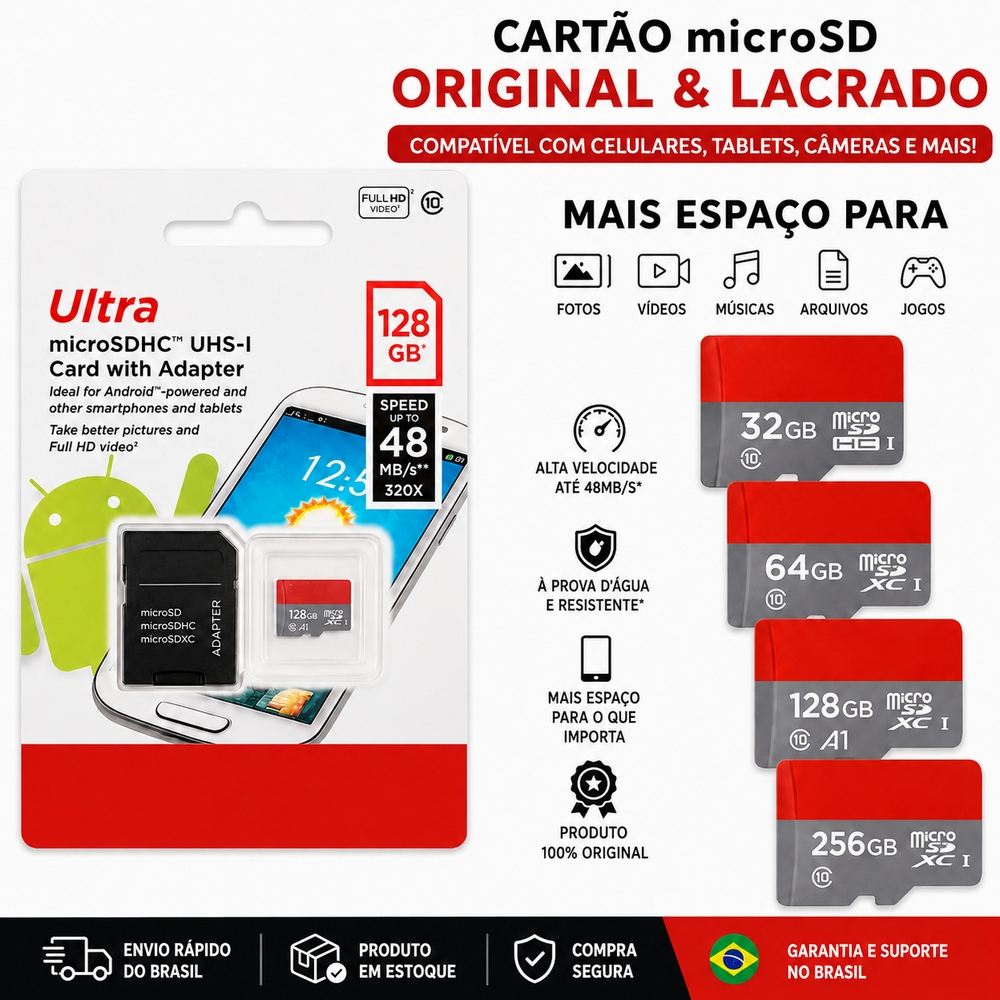 Cartão Micro Sd De Memória Micro Sd Classe 16GB/32GB/64GB/128GB/256GB/512GB 10 Ultra A1 Câmeras de Segurança