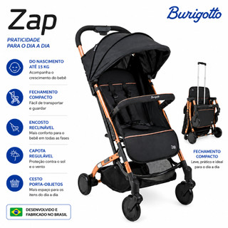 Carrinho de Bebê Burigotto Zap Preto Chassi Metal Cobre 0 a 15kg Passeio Compacto