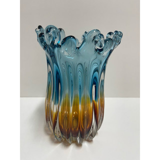 Vaso Decorativo Murano Azul Safira e Âmbar 16cm x 24cm em Vidro Artesanal Murano com Design Único e Elegante