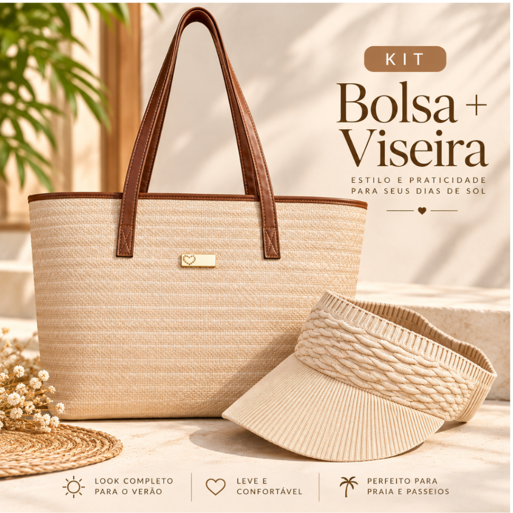 Kit Viseira Feminina Verão + Bolsa de Praia Feminina Grande Palha Sintética com Zíper