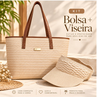 Kit Viseira Feminina Verão + Bolsa de Praia Feminina Grande Palha Sintética com Zíper