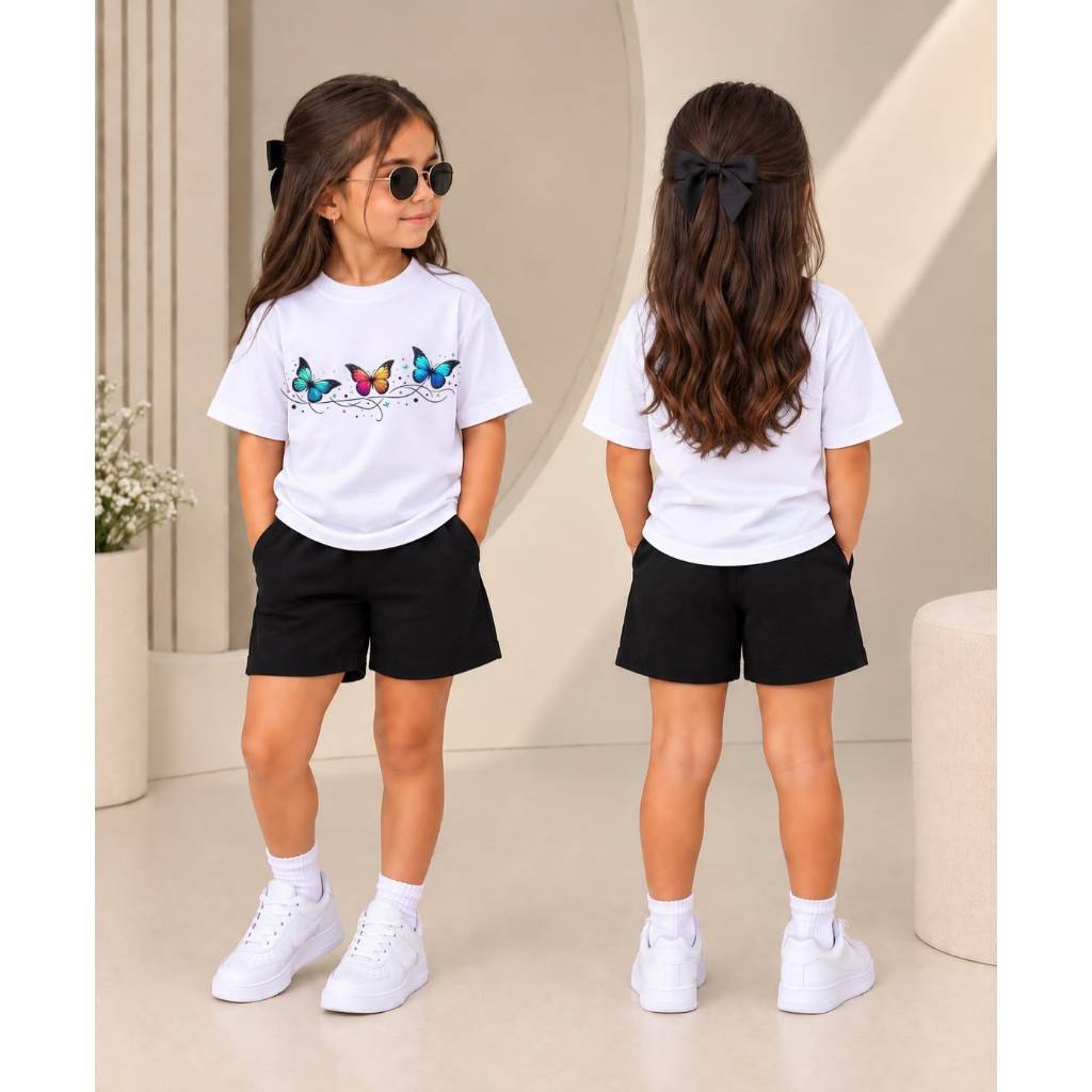 Brilhe em Cada Momento! Conjunto Infantil Feminino Camiseta Estampada de Borboletas + Short Moletom