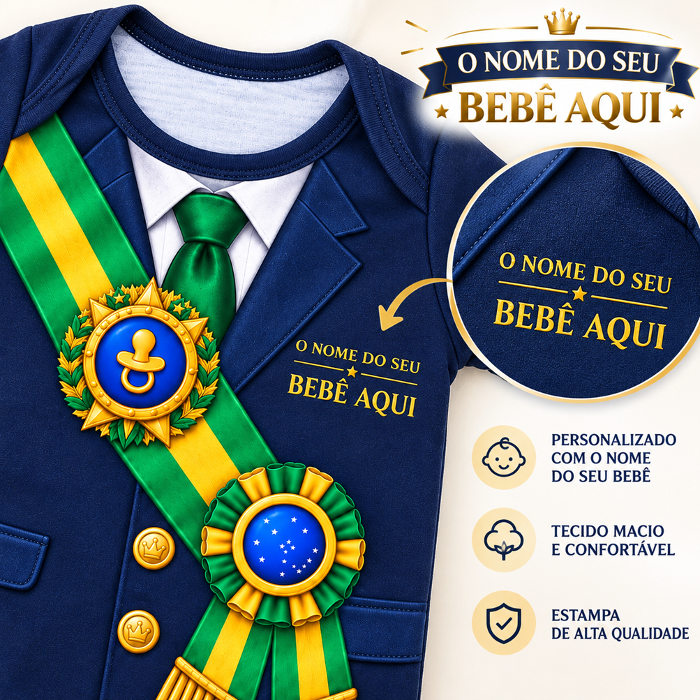 Body Bebê Presidente do Brasil Personalizado com Nome mesversário temático — imagem 2 de 2