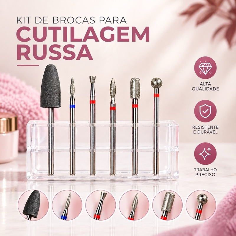 Kit Brocas cutilagem russa Diamantadas Nail Art Profissional Unha Gel Porcelana 6 unidades