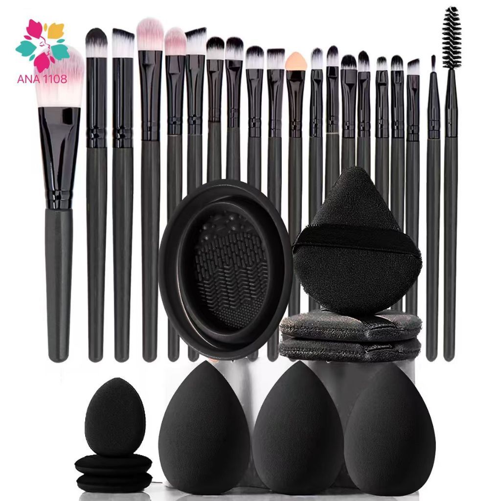 ANA1108 Kit Completo de Maquiagem Pincéis Esponjas Puff e Limpador para Aplicação de Cosméticos
