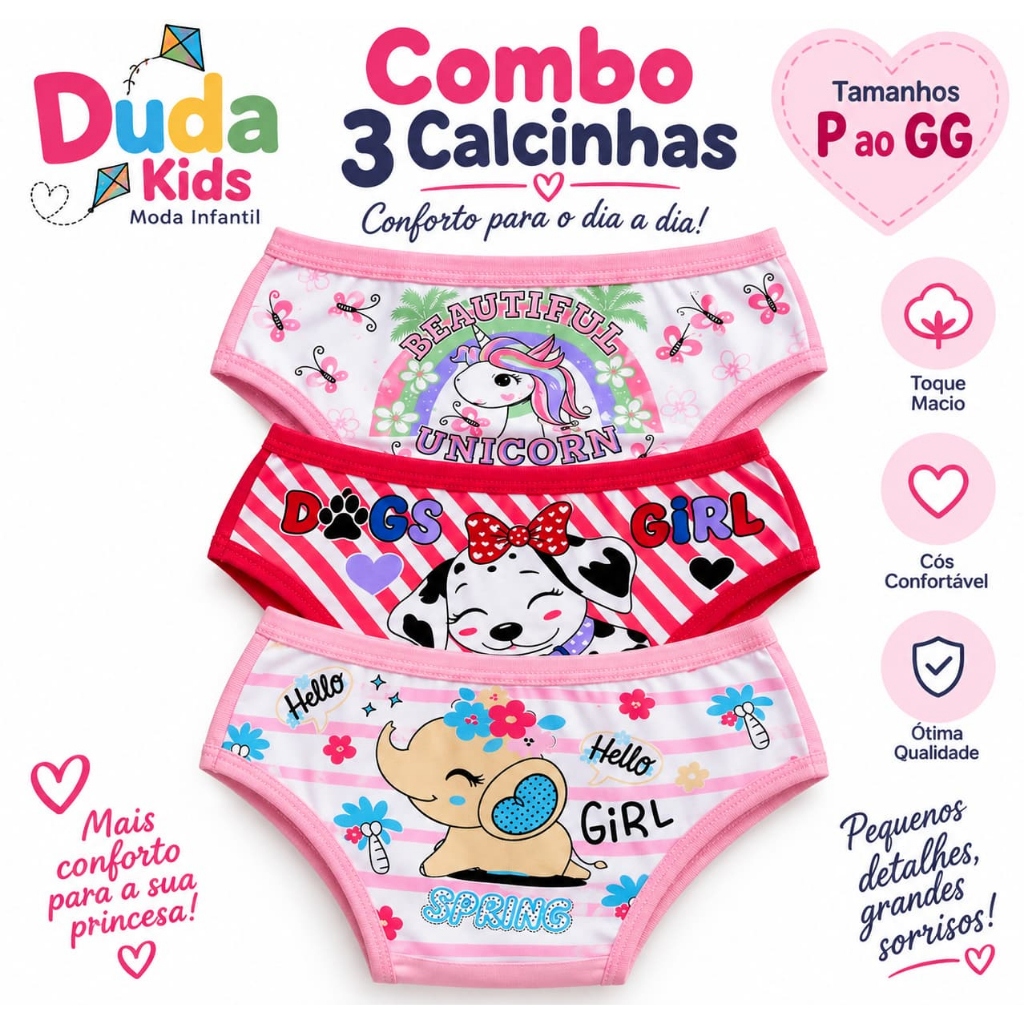 Calcinhas Infantis Menina  Algodão Premium Estampadas Confortável , Macia Com Estampadas Sortidas