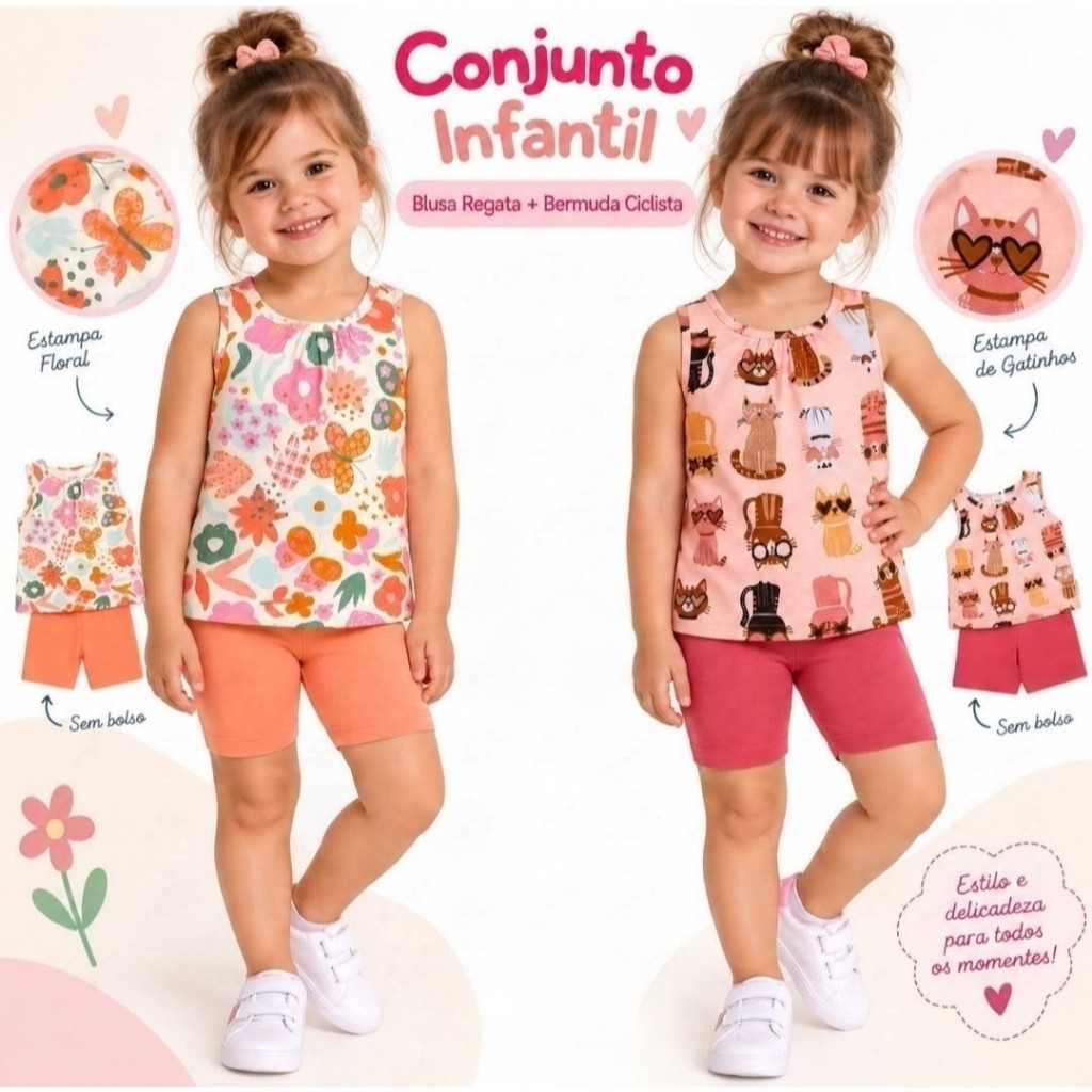 Conjunto Infantil Menina Elian Regata Estampada E Bermuda Ciclista Algodão