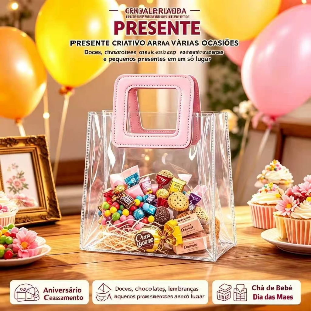 Sacola Transparente PVC para Presente com Alça Quadrada + Opção Coração Caqui | 4 Tamanhos | Kit 10/20/30