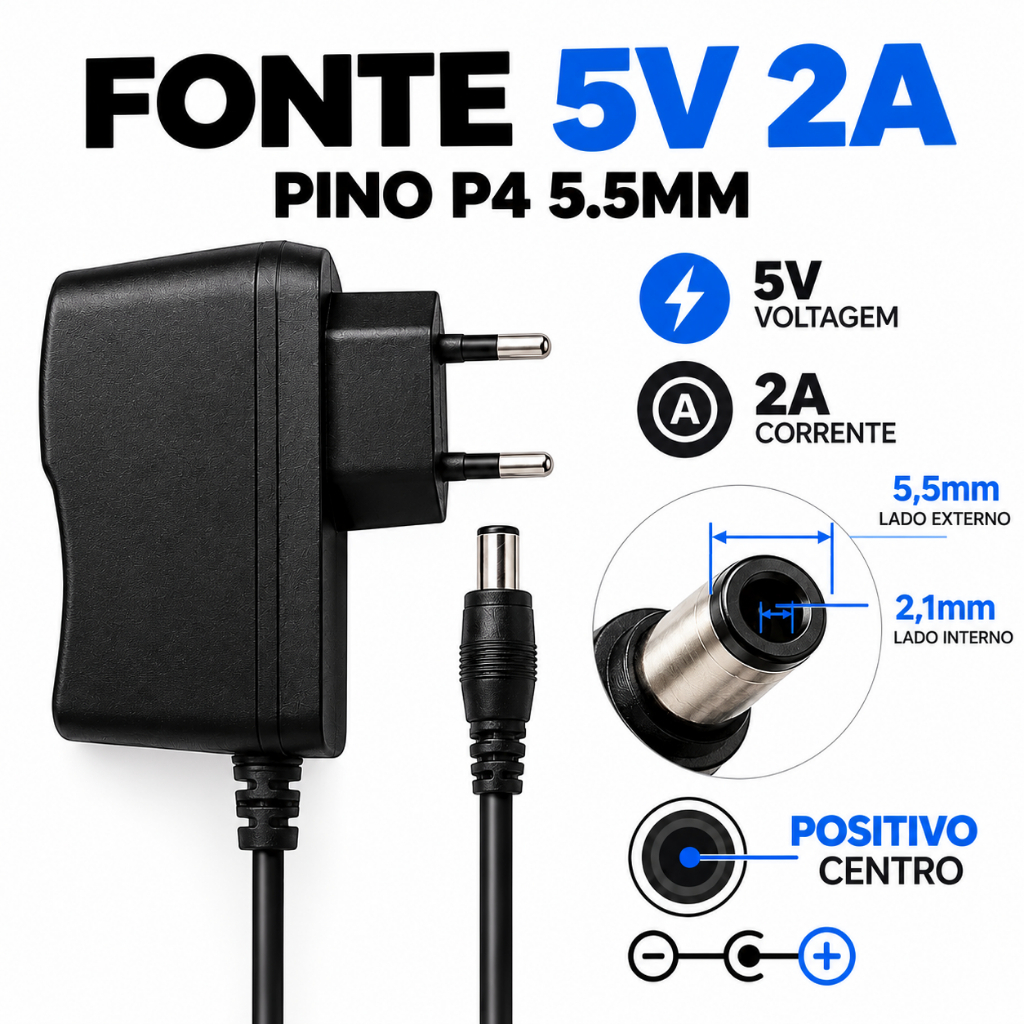 Fonte Alimentação 5V 2A Plug P4 Bivolt Para Box Tv Receptor TV Conversor