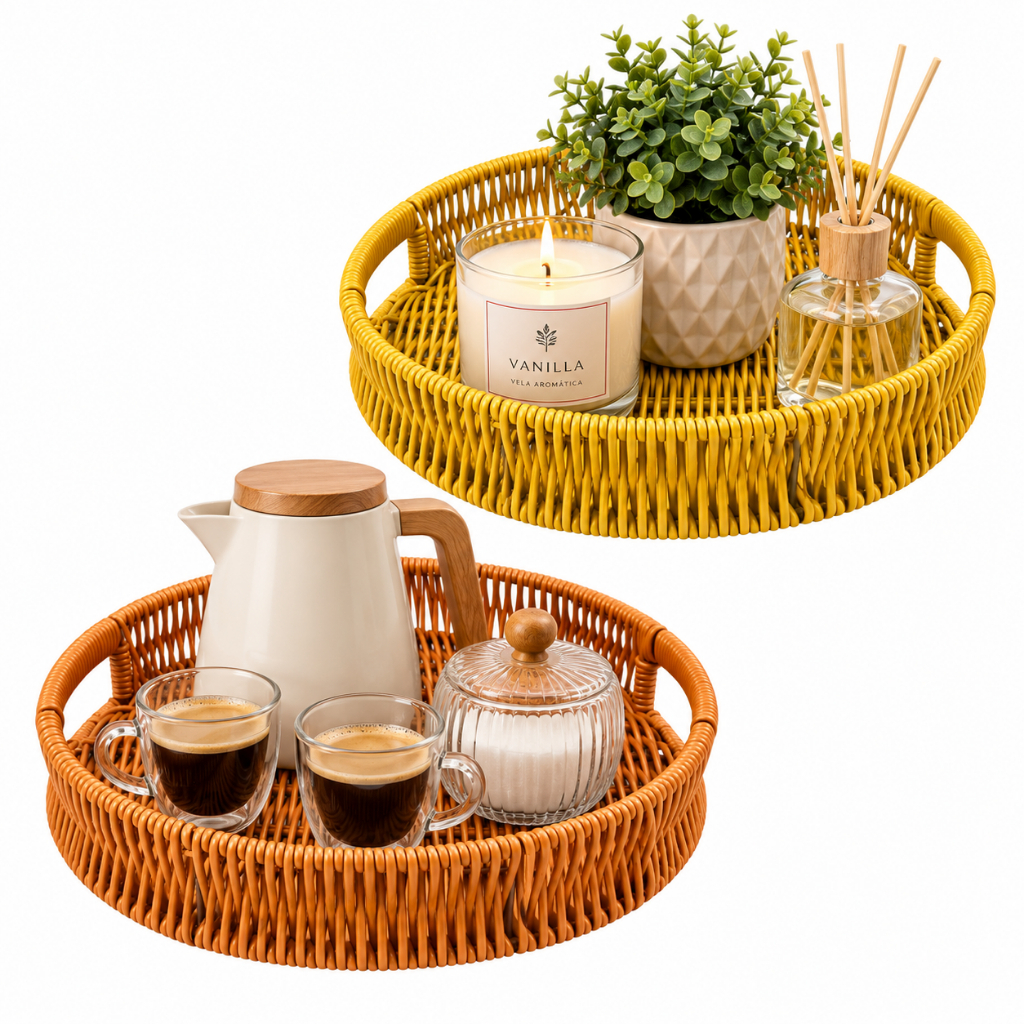 Bandeja Decorativa de Rattan Bandeja de Servir Mesa Posta Cantinho do Café