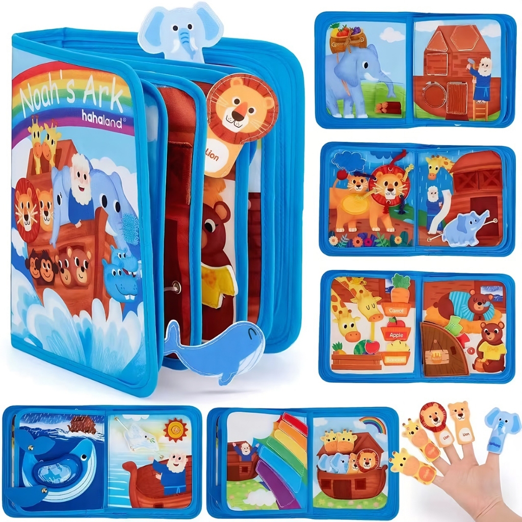 Livro Busy Board Montessori Arca de Noé de Feltro Brinquedo Sensorial Habilidades Motoras Finas para Bebês e Crianças