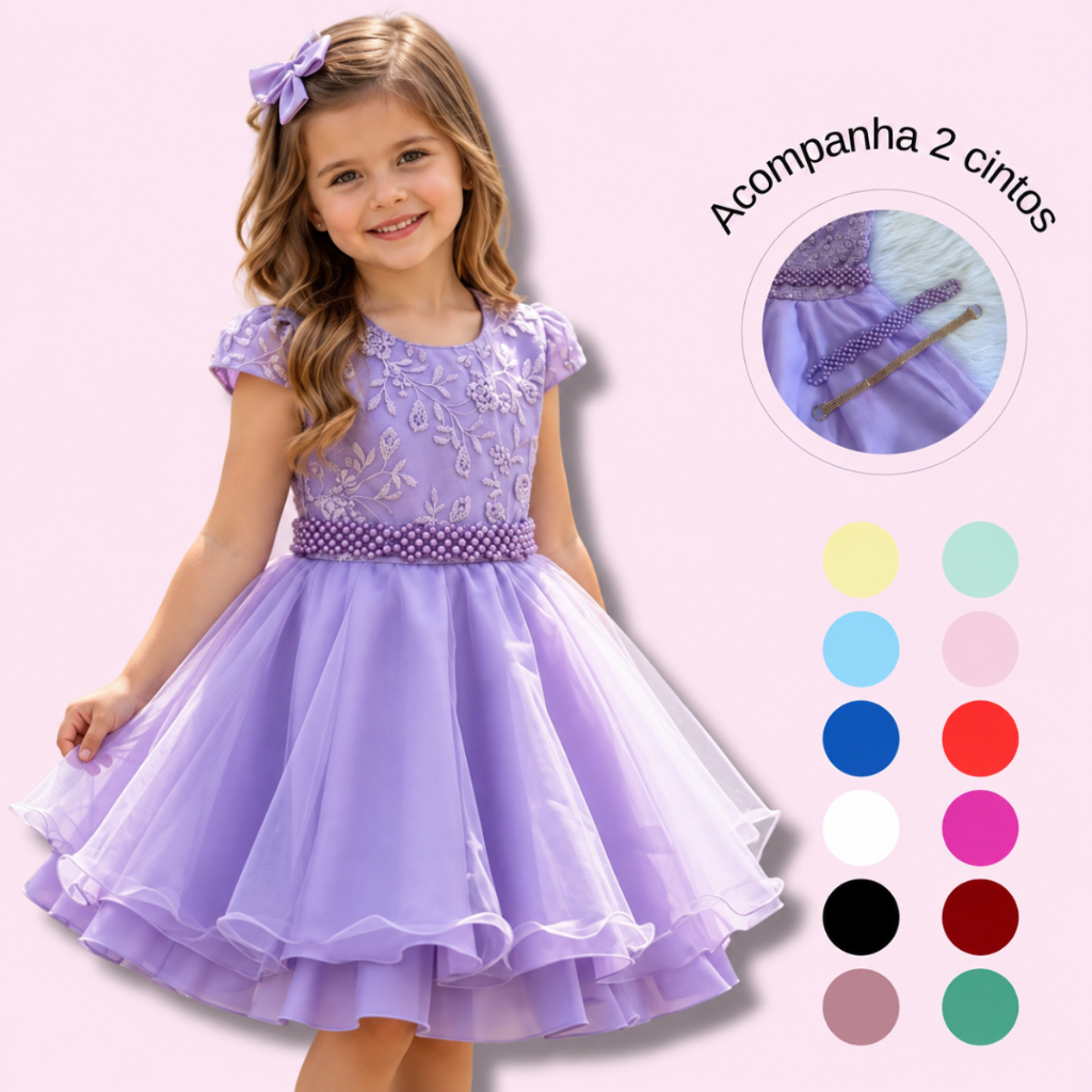 Vestido Menina Infantil Casamento Social Com Cinto Luxuoso Bordado Curto