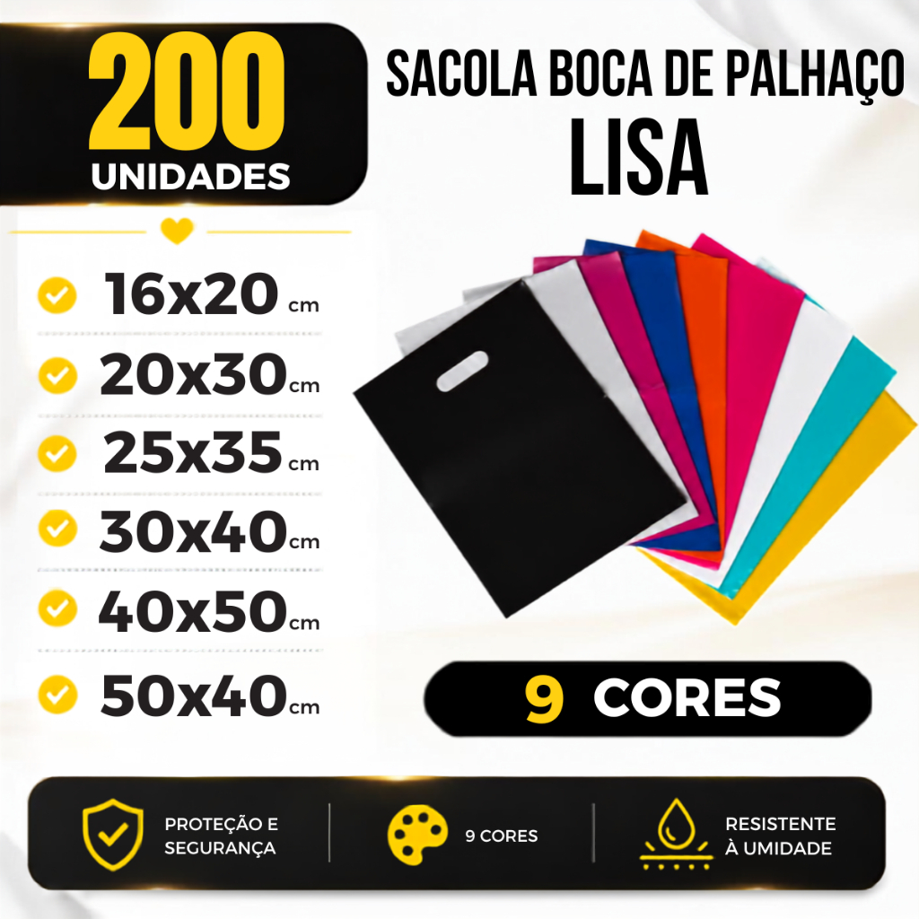 Kit 200 Sacola Boca de Palhaço 16x20 20x30 25x35 30x40 40x50 50x40 Sacolinha para Lojas Sacolas Boca de Palhaço