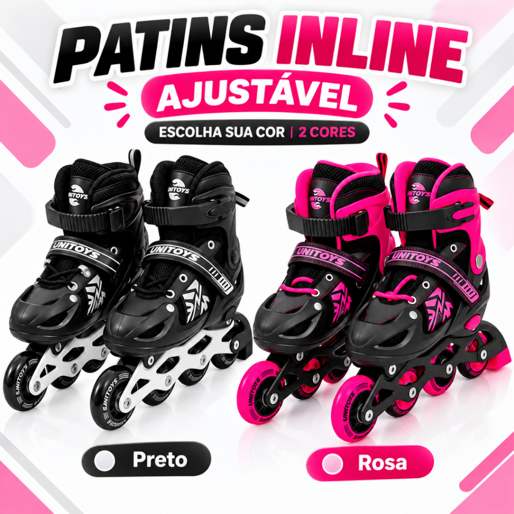 Patins Inline Ajustável Semi Profissional Infantil 4 Rodas com Freio Preto Rosa