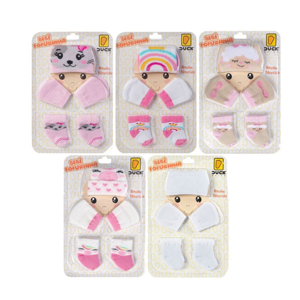 Kit 5 conjunto Meia Luva Touca para Bebê Recém Nascido 0 a 03 meses Maternidade Enxoval Fofurinha