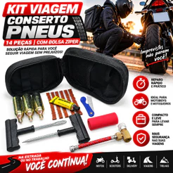 Kit Reparo SOS Conserto Pneu Moto Furo Viagem Completo C/14 Peças Bike Moto P/ Encher Facil Aplicação