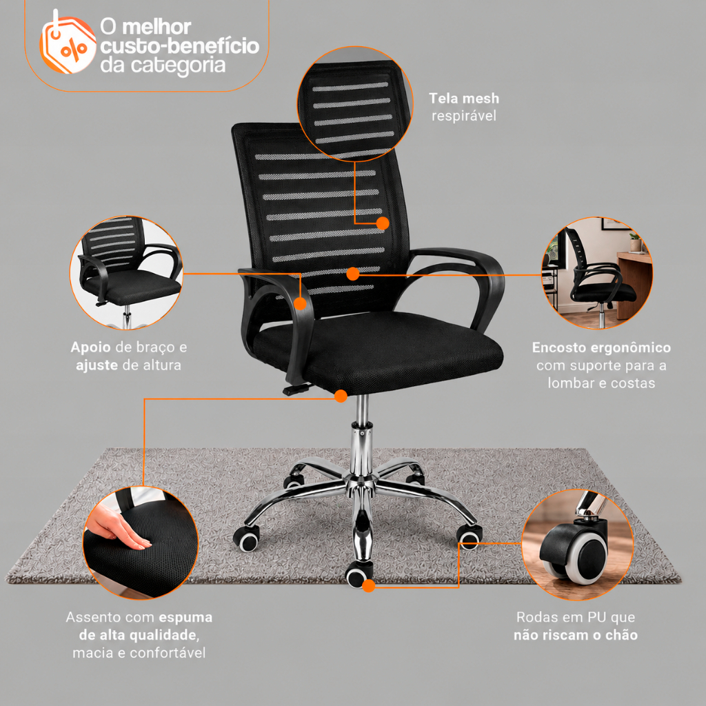 Cadeira Roma Mesh: Ergonômica, Ajuste de Altura, Giratória, Base Cromada, até 120kg, Preta · foto 2