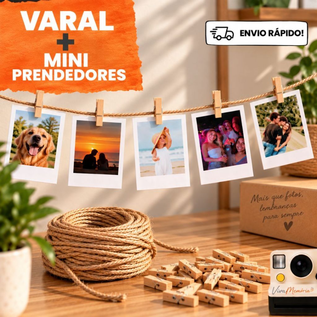Kit Varal Decorativo | Mini Prendedores + Fio Sisal