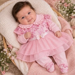 Macacão bebê menina com vestido tule rosa bebê Manuela