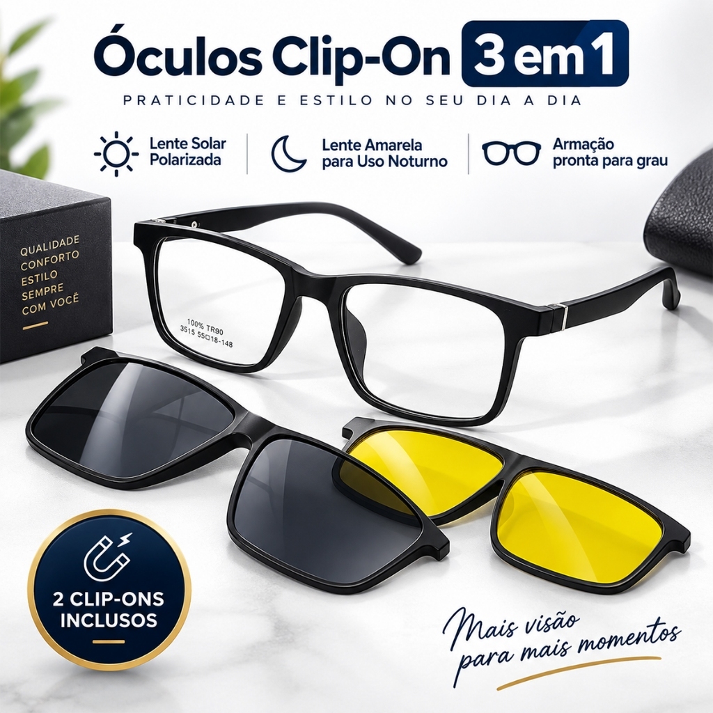 Armação Oculos 3 em 1 Masculino para Grau Ilook Versátil Clip Preto Polarizado Leve Confortável Magnetico Homem