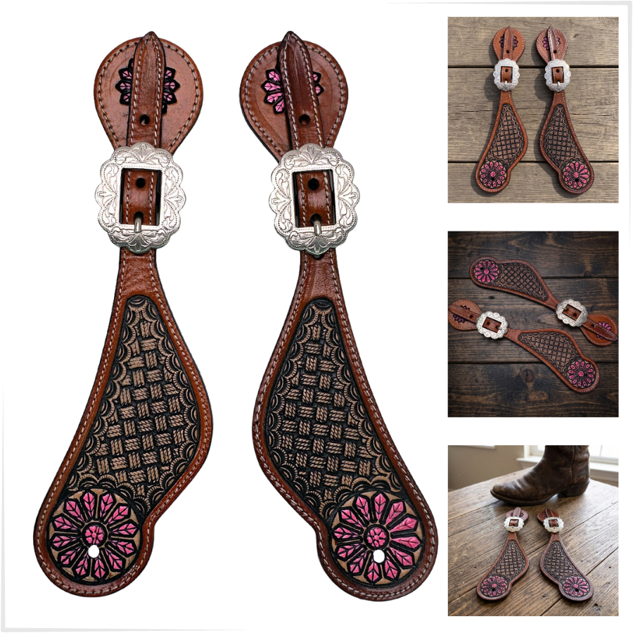 Correia De Espora Rosa Balaio Floral Couro Legítimo Fivela Metal Niquelado Montaria