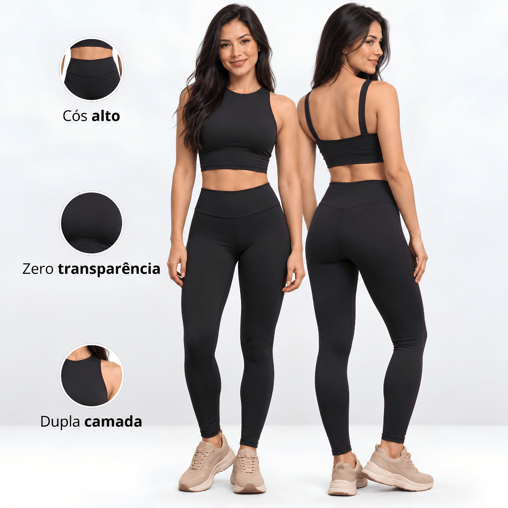 Conjunto Fitness Feminino Legging e Cropped Top Calça Cintura Alta Suplex Não Transparente Academia